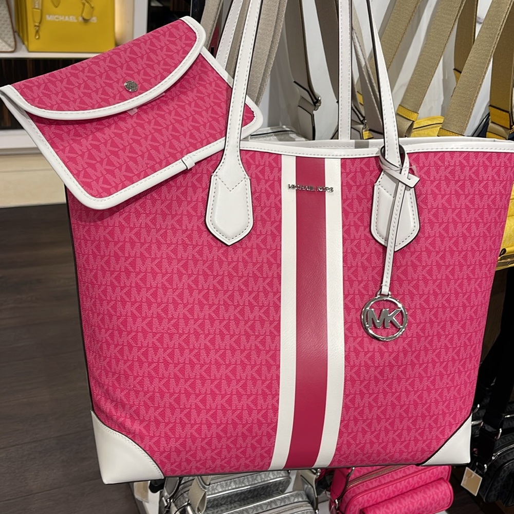 Michael Kors Eva Large Signature Logo Stripe Tote Bag Dragonfruit 
NWT - Picture 13 of 16